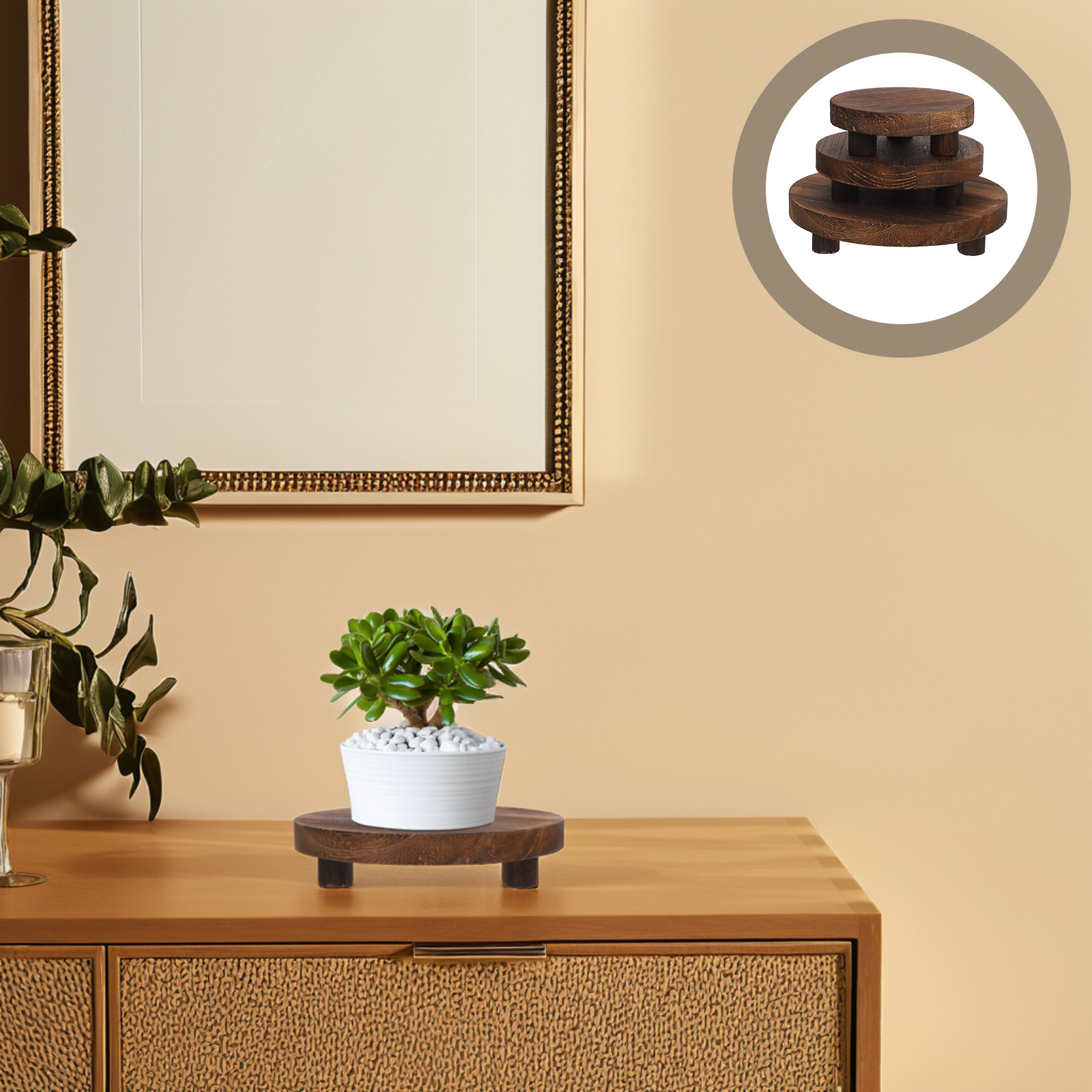 Display Risers Set - 木製植物スタンド3個セット、ナチュラル仕上げ、フラワーポットホルダー、装飾用台座、屋内外多肉植物ディスプレイ棚